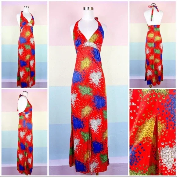 VINTAGE 1970s Vibrant Multicolor Halter Maxi Dress - Picture 1 of 1